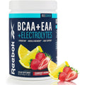 Reebok ReeCover amino acids powder front view with strawberry lemonade flavor tub
