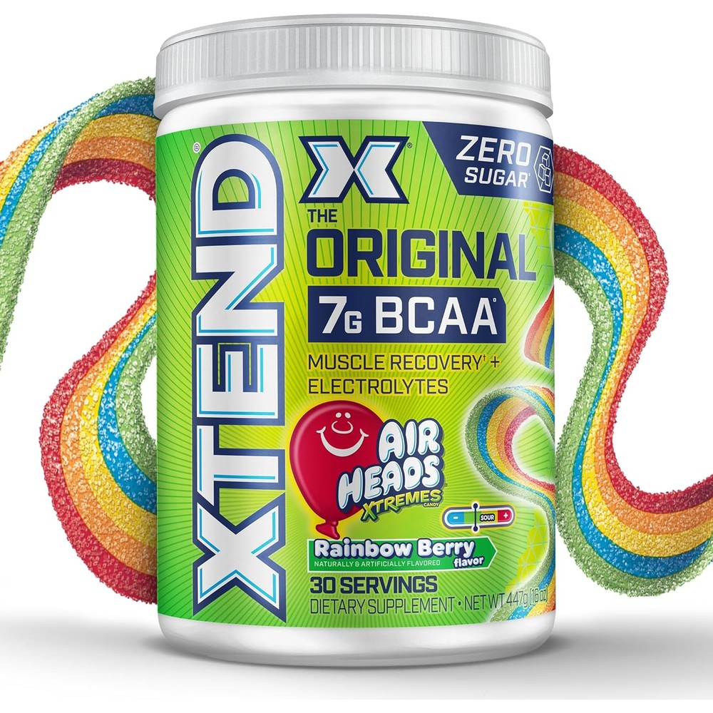 Xtend Original BCAA Powder Airheads Rainbow Berry front view supplement tub