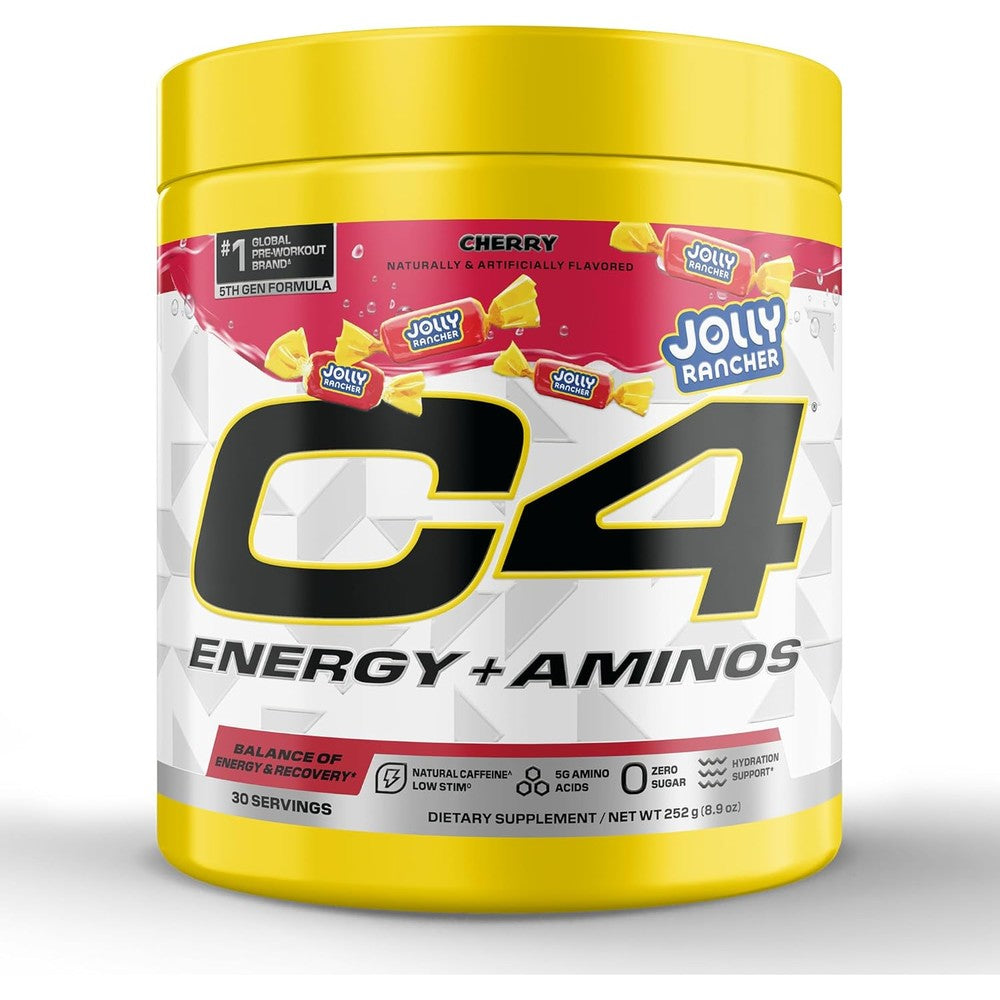 Cellucor C4 Energy Plus Aminos Powder Jolly Rancher Cherry front view container