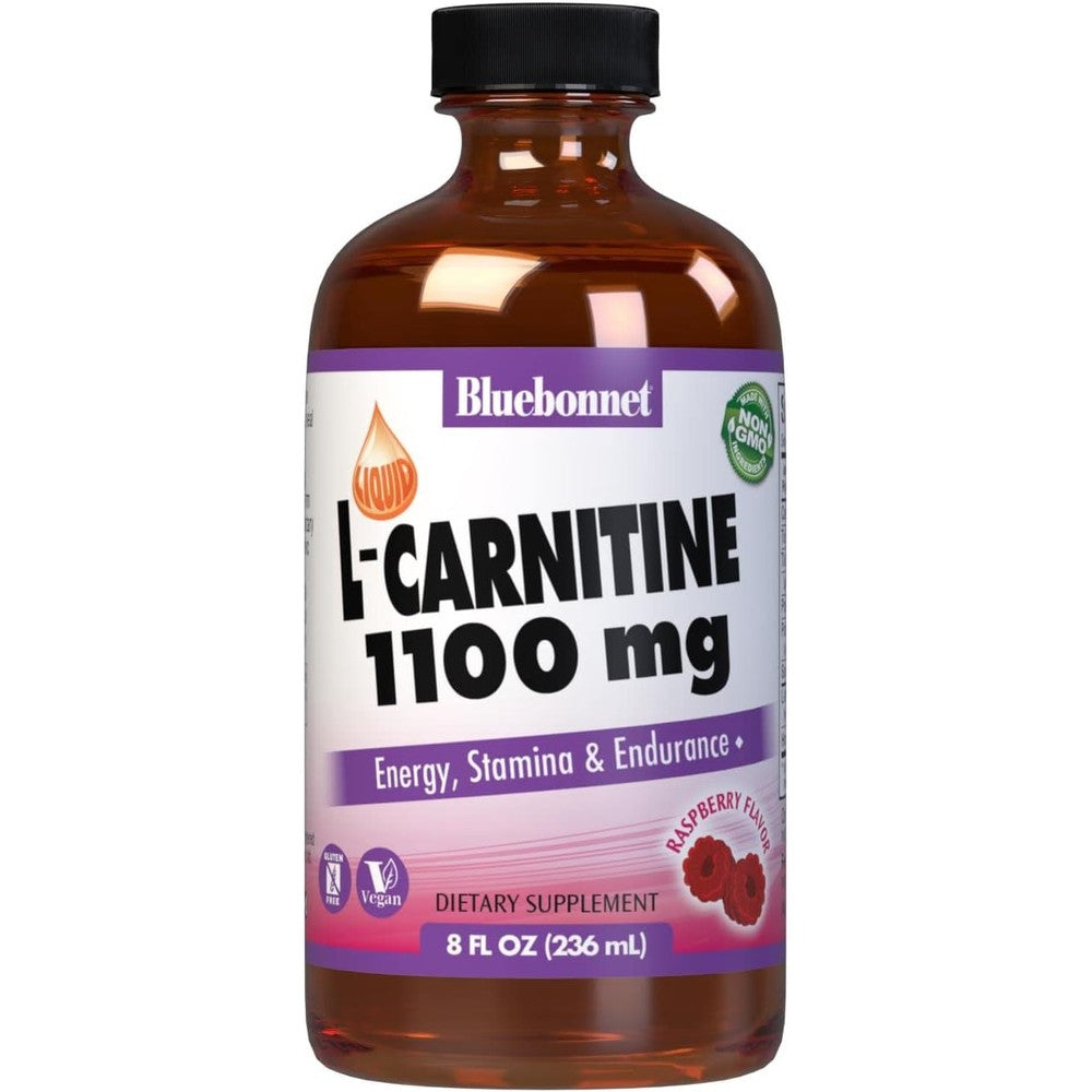 BlueBonnet Liquid L-Carnitine 1100mg Raspberry 8 Fluid Ounce front view bottle packaging