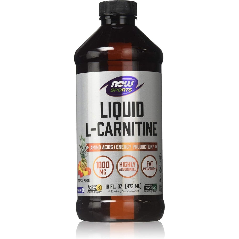 NOW Foods Sports Liquid L-Carnitine 1000 mg Tropical Punch 16 Fluid Ounce bottle front view showing fitness supplement labelling.