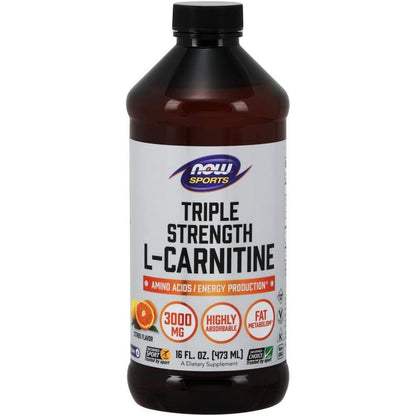 NOW Sports Triple Strength Liquid L-Carnitine 3000 mg front view bottle for pre workout energy