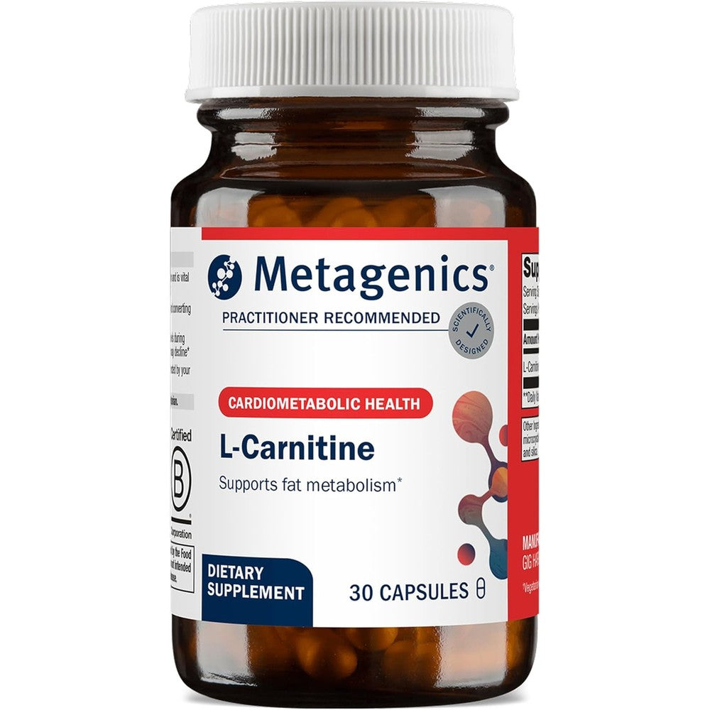 Metagenics L-Carnitine supplement bottle front view showing 500 milligrams and 30 capsules