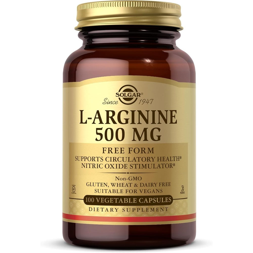 Solgar L-Arginine 500 Milligrams 100 Vegetable Capsules front bottle view