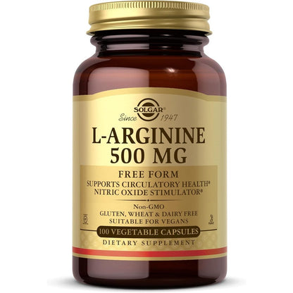 Solgar L-Arginine 500 Milligrams 100 Vegetable Capsules front bottle view