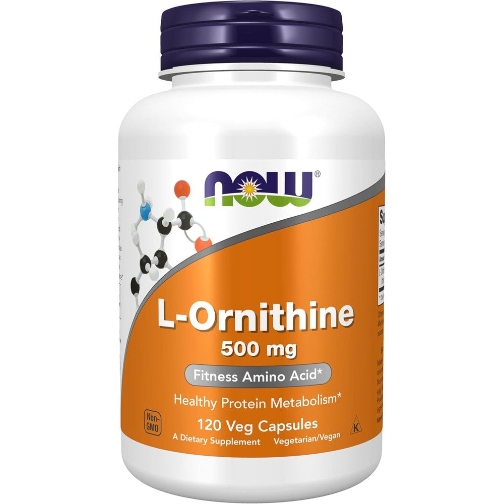 NOW Foods L-Ornithine 500 mg 120 Veg Capsules front view showing authentic imported label.