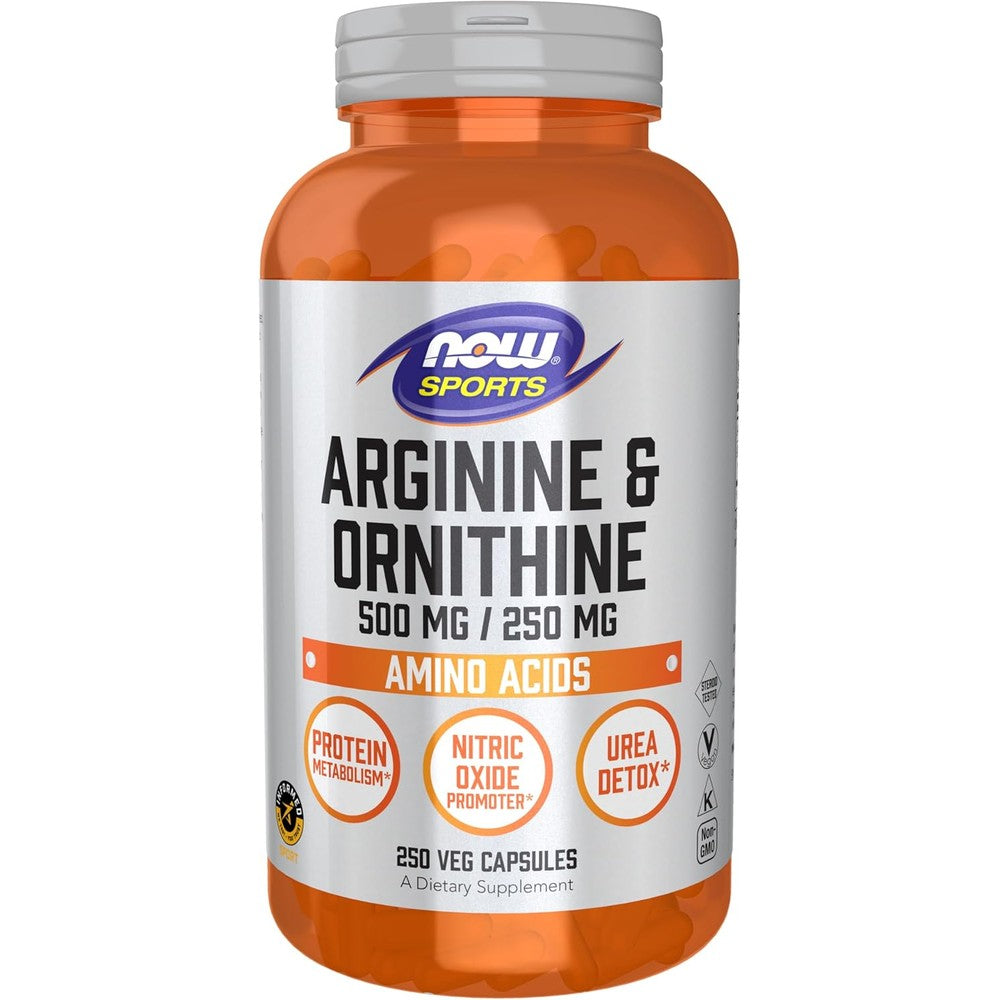 NOW Foods Sports Nutrition Arginine and Ornithine capsules bottle front view showing product labels