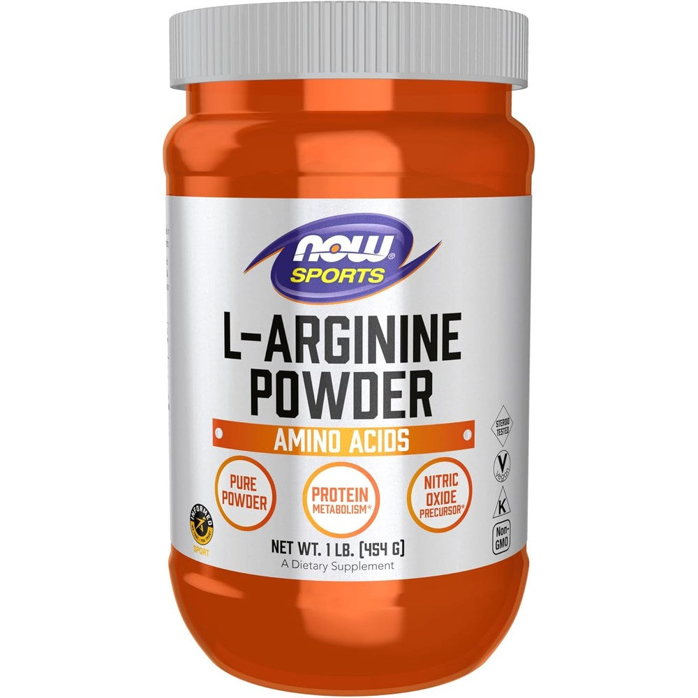 NOW Sports Nutrition L-Arginine Powder front jar view showing nitric oxide precursor benefits