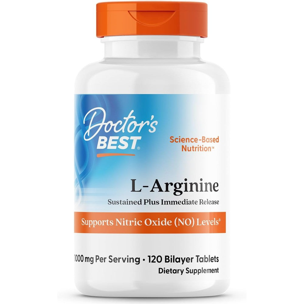 Doctor's Best Sustained Plus Immediate Release L Arginine 120 tablets front view bottle packaging