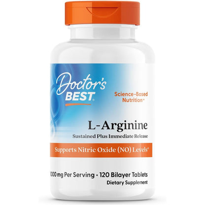 Doctor's Best Sustained Plus Immediate Release L Arginine 120 tablets front view bottle packaging