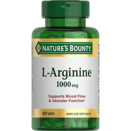 Nature's Bounty L Arginine 1000mg 50 tablets front bottle view for blood flow support