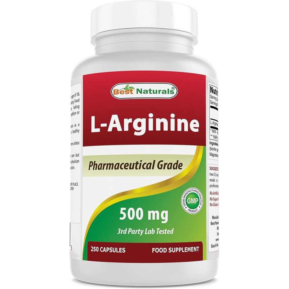 Best Naturals L-Arginine 500mg 250 Capsules front view bottle