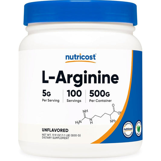 Nutricost L Arginine Powder 500g front view container showing pure amino acid supplement facts.
