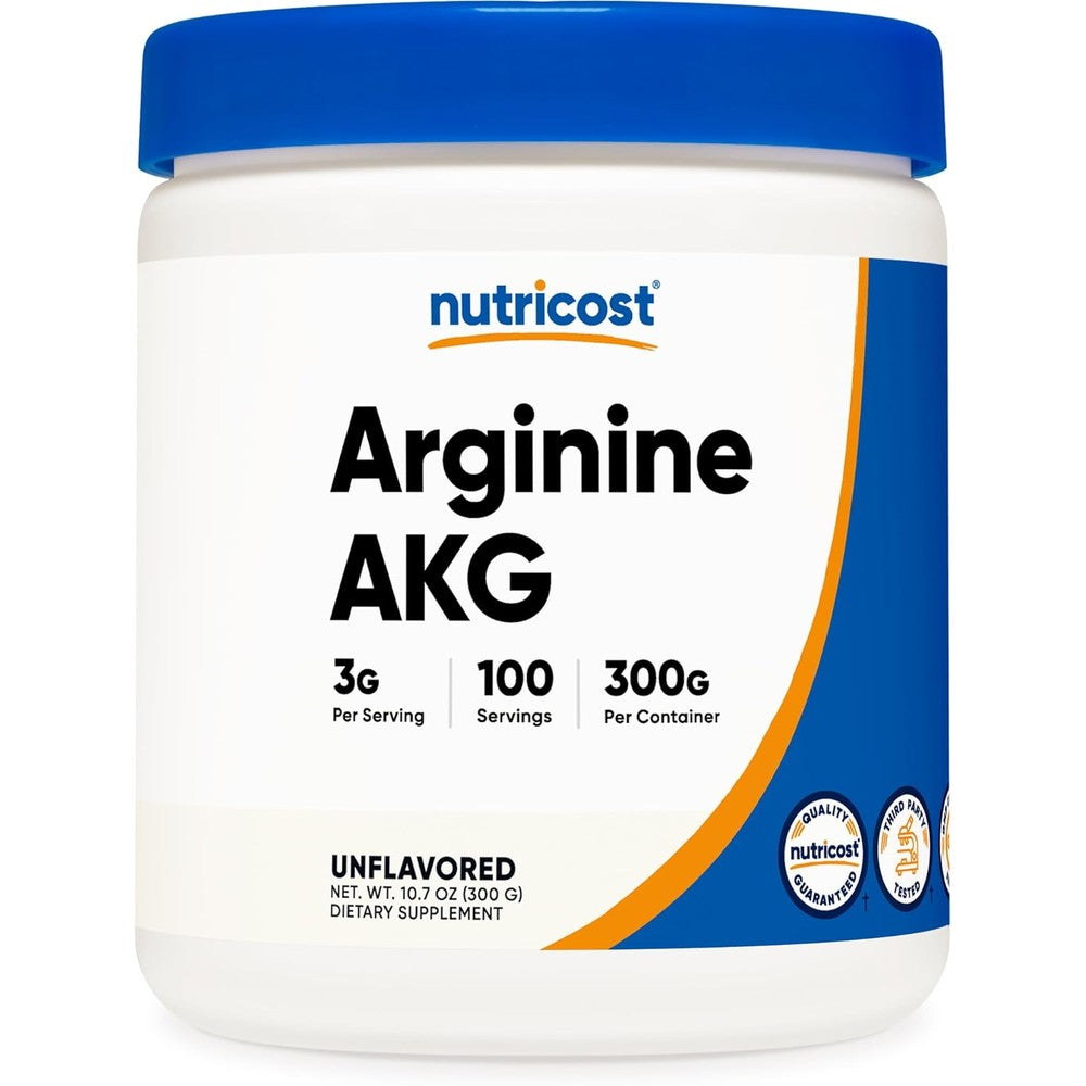 Nutricost Arginine AKG Powder 300 Grams front view container for nitric oxide support