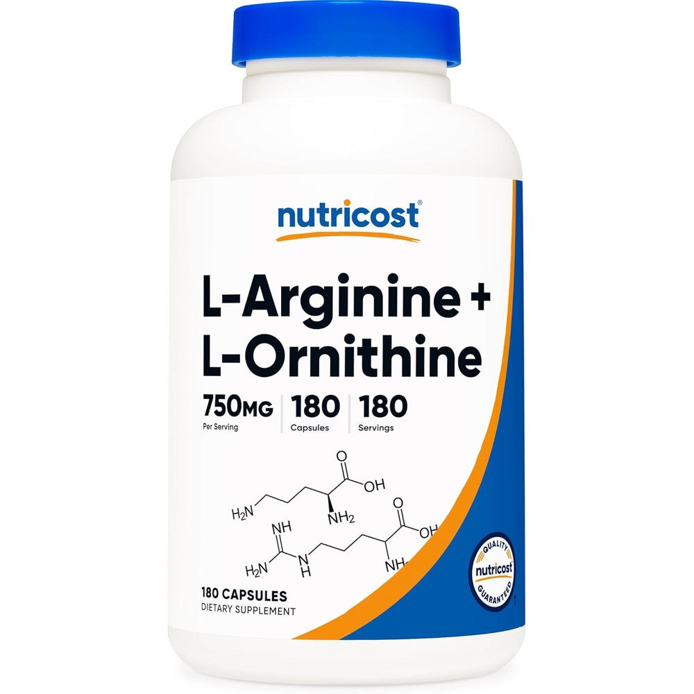 Nutricost L Arginine and L Ornithine 750mg 180 capsules front view bottle showing premium amino acid supplement details.