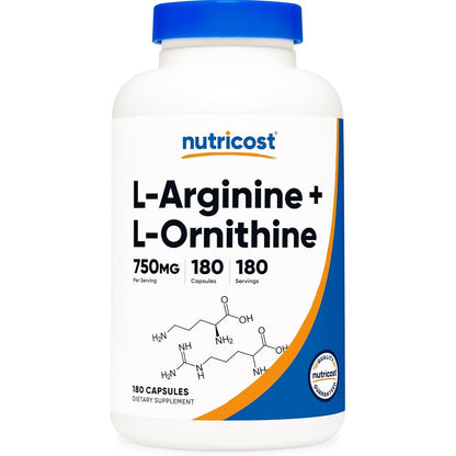 Nutricost L Arginine and L Ornithine 750mg 180 capsules front view bottle showing premium amino acid supplement details.