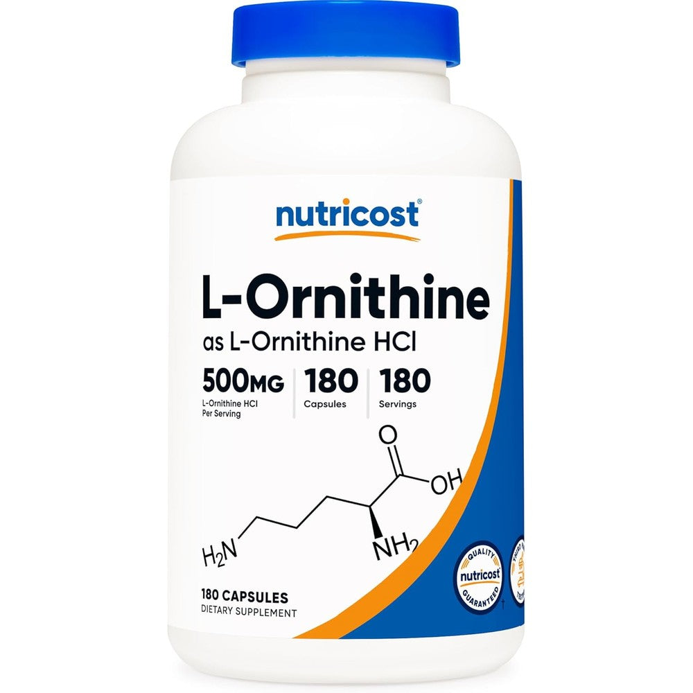 Nutricost L-Ornithine 500mg 180 capsules front view bottle for liver support