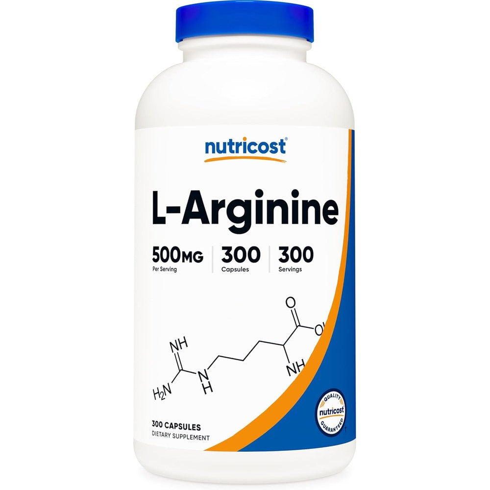 Nutricost L-Arginine 500mg 300 capsules bottle front view showing clean white label with brand logo for cardiovascular health.