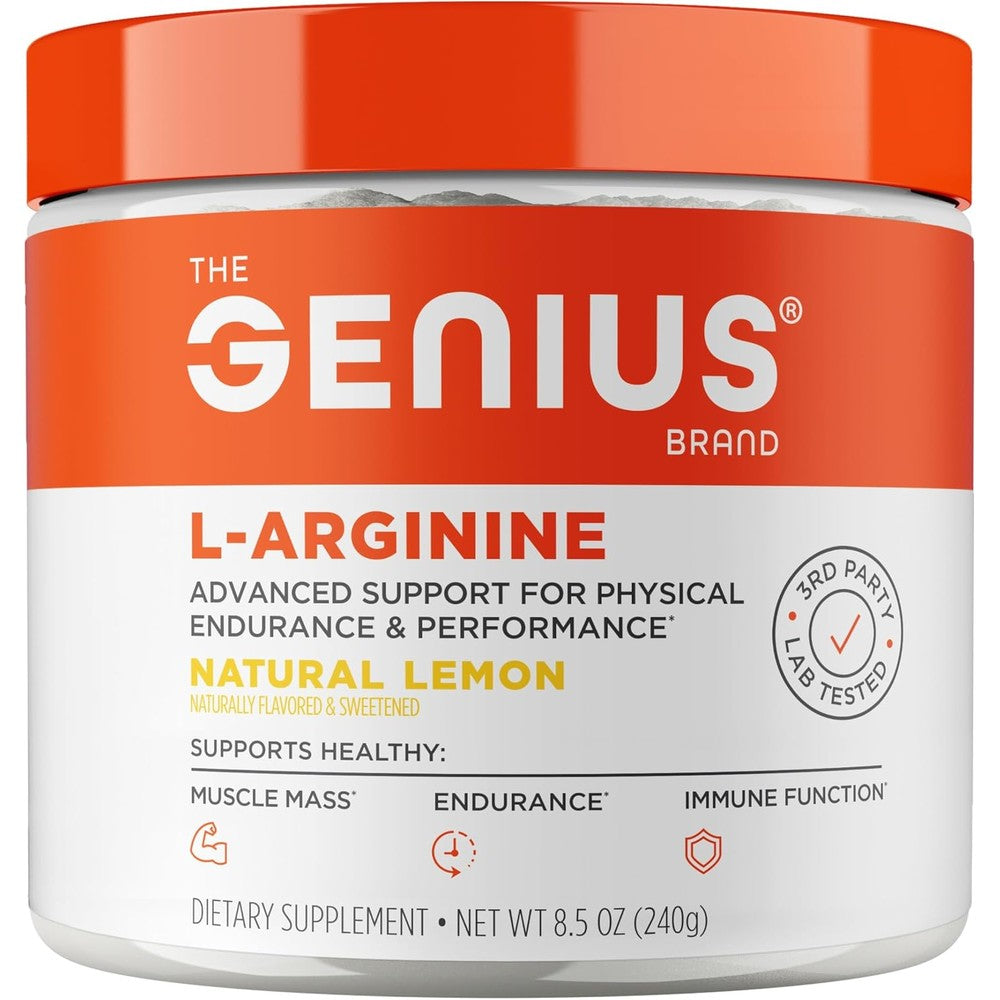 The Genius Brand L-Arginine Nitric Oxide Powder canister front view