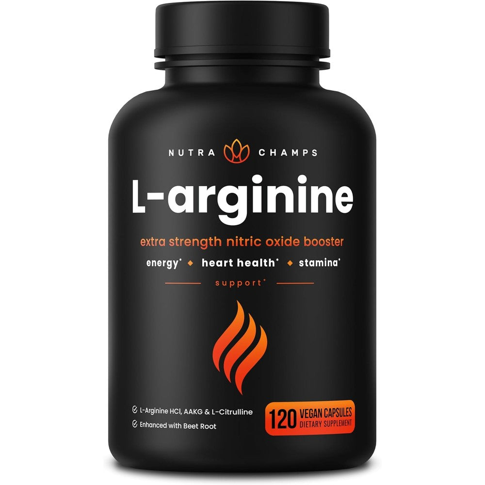 NutraChamps L-Arginine 1000mg supplement front view bottle for nitric oxide booster