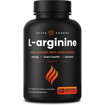 NutraChamps L-Arginine 1000mg supplement front view bottle for nitric oxide booster
