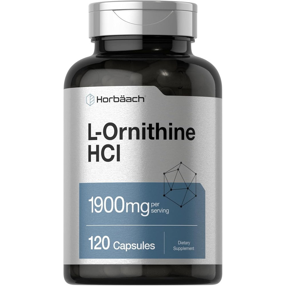 Horbäach L Ornithine HCl 1900mg front view bottle of imported amino acid supplement for workout recovery