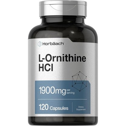 Horbäach L Ornithine HCl 1900mg front view bottle of imported amino acid supplement for workout recovery