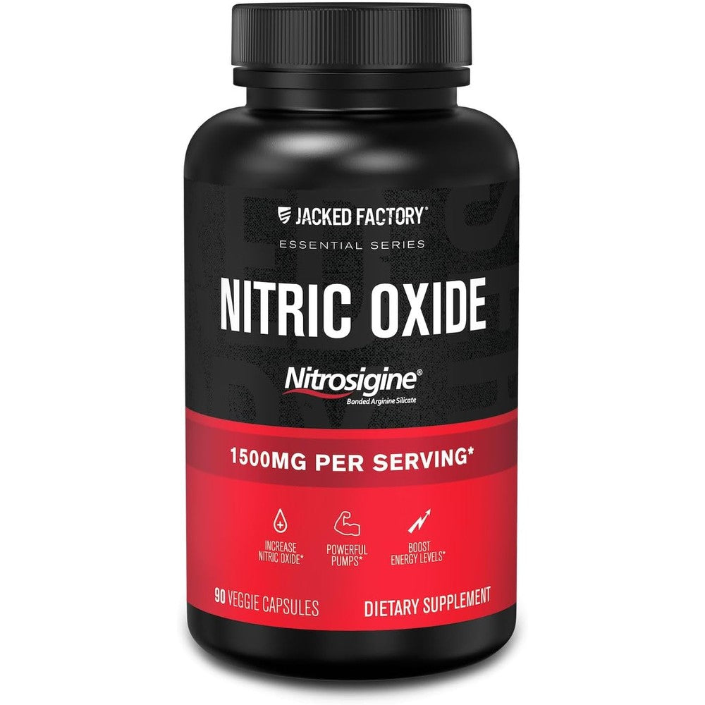 Jacked Factory Essentials Nitric Oxide Booster bottle front view showing 1500mg Nitrosigine label