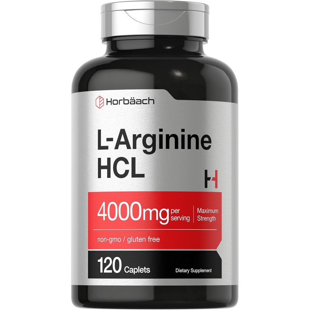 Horbäach L Arginine HCL 4000mg 120 caplets front view bottle showing maximum strength nitric oxide supplement