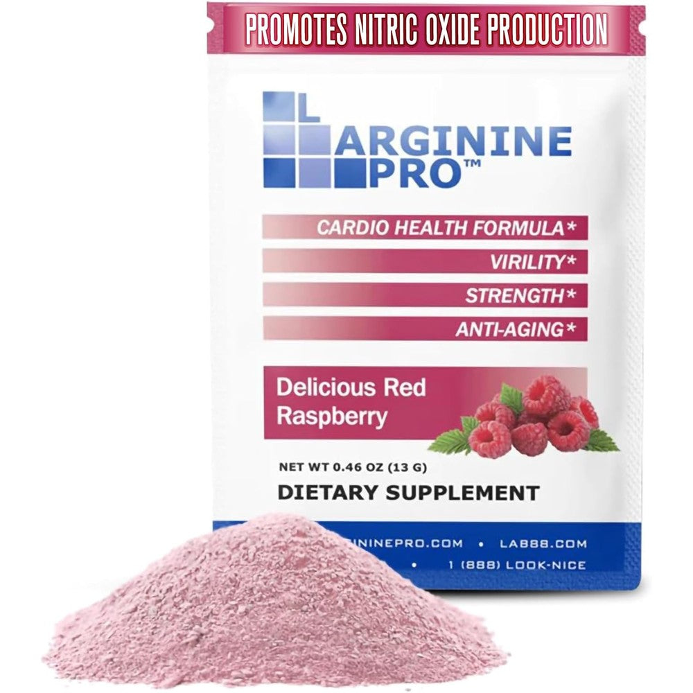 L-Arginine Pro supplement powder packet front view with raspberry flavor branding.