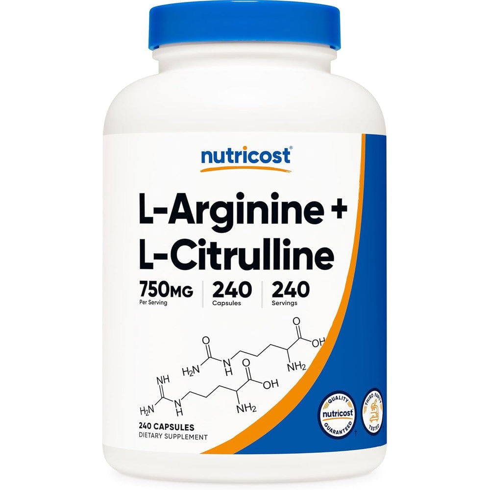 Nutricost L-Arginine L-Citrulline Complex 750mg bottle front view showing capsule count