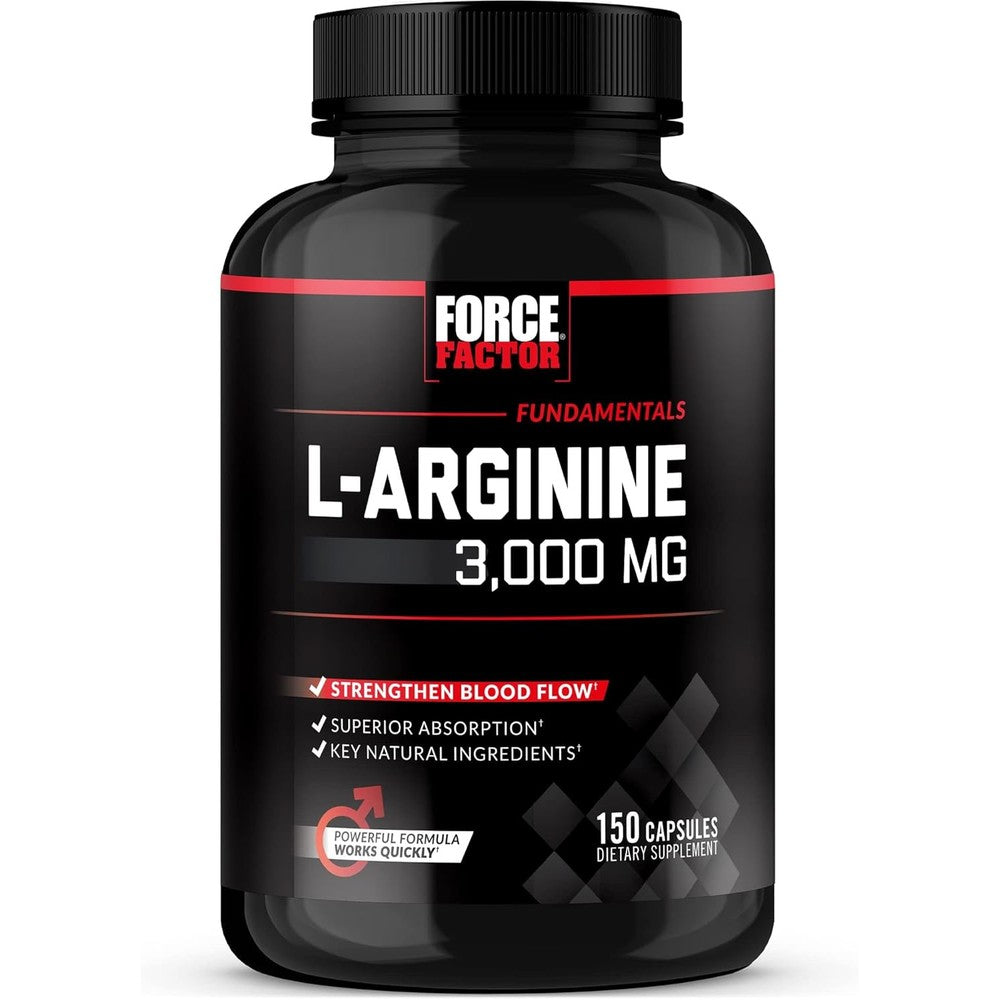 Force Factor L Arginine Nitric Oxide Booster 150 capsules bottle front view showing product label details.