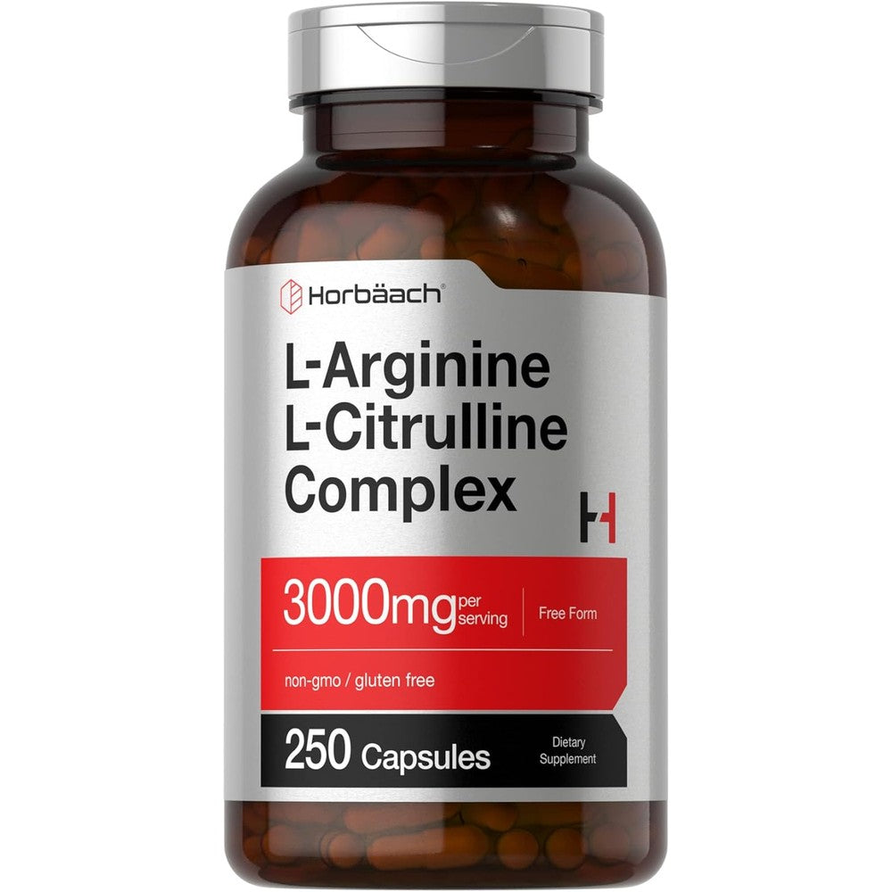 Horbäach L Arginine L Citrulline Complex 3000mg bottle front view showing 250 capsules