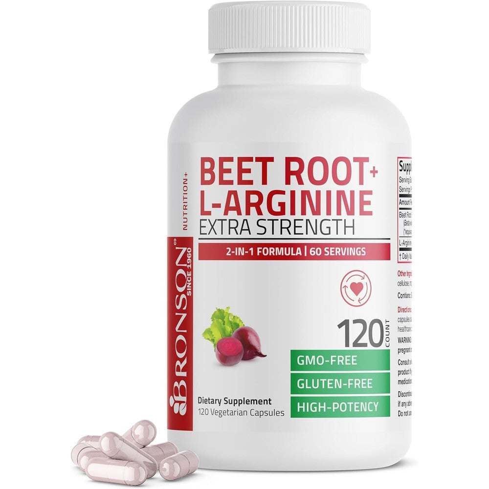 Bronson Beet Root Plus L-Arginine 120 vegetarian capsules front view bottle showing nitric oxide formula for workout stamina.