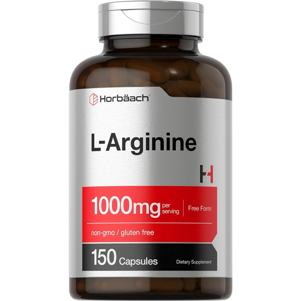 Horbäach L Arginine 1000mg 150 capsules bottle front view showing product labels