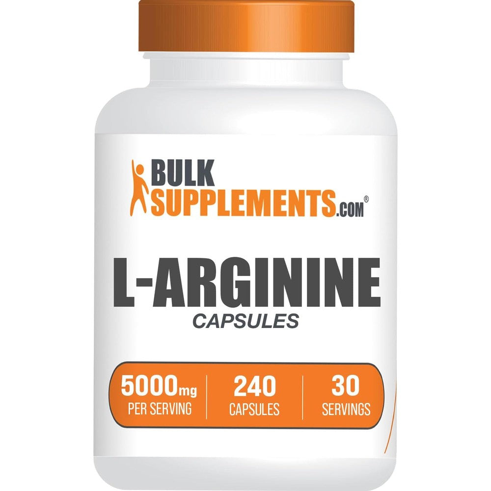 BulkSupplements L Arginine 5000mg Nitric Oxide 240 Capsules front view bottle for workout endurance