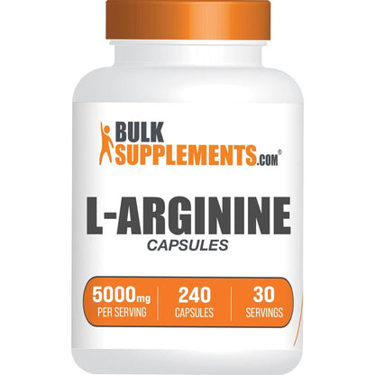 BulkSupplements L Arginine 5000mg Nitric Oxide 240 Capsules front view bottle for workout endurance