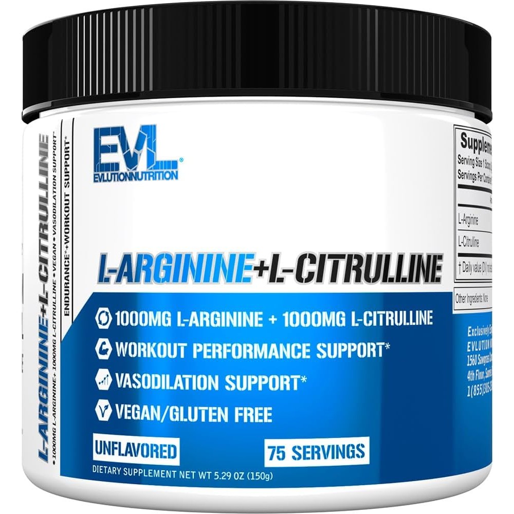 Evlution Nutrition L-Arginine plus L-Citrulline powder front view packaging