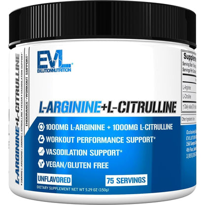 Evlution Nutrition L-Arginine plus L-Citrulline powder front view packaging