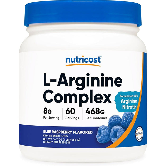 Nutricost L-Arginine Complex Blue Raspberry front view supplement container