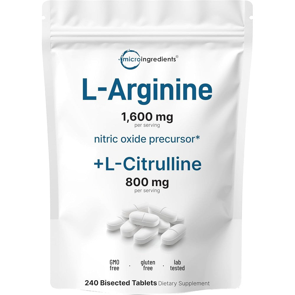 Micro Ingredients L-Arginine and L-Citrulline 240 tablets front pouch view showing nitric oxide muscle support formula