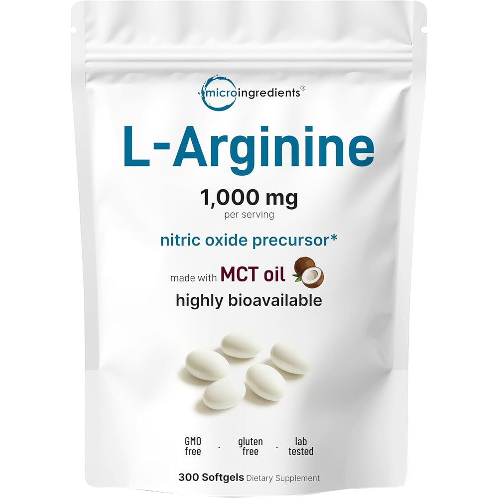 Micro Ingredients L-Arginine 1000mg 300 softgels front view showing the product packaging and brand label.