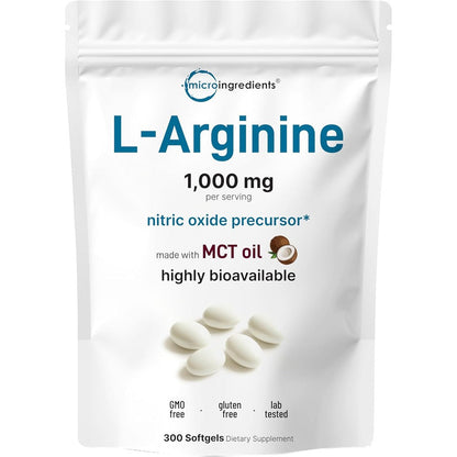 Micro Ingredients L-Arginine 1000mg 300 softgels front view showing the product packaging and brand label.