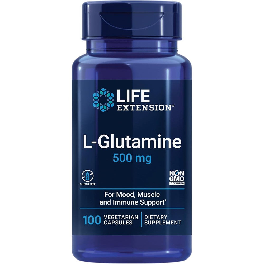 Life Extension L-Glutamine 500 mg 100 vegetarian capsules front bottle view