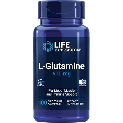 Life Extension L-Glutamine 500 mg 100 vegetarian capsules front bottle view