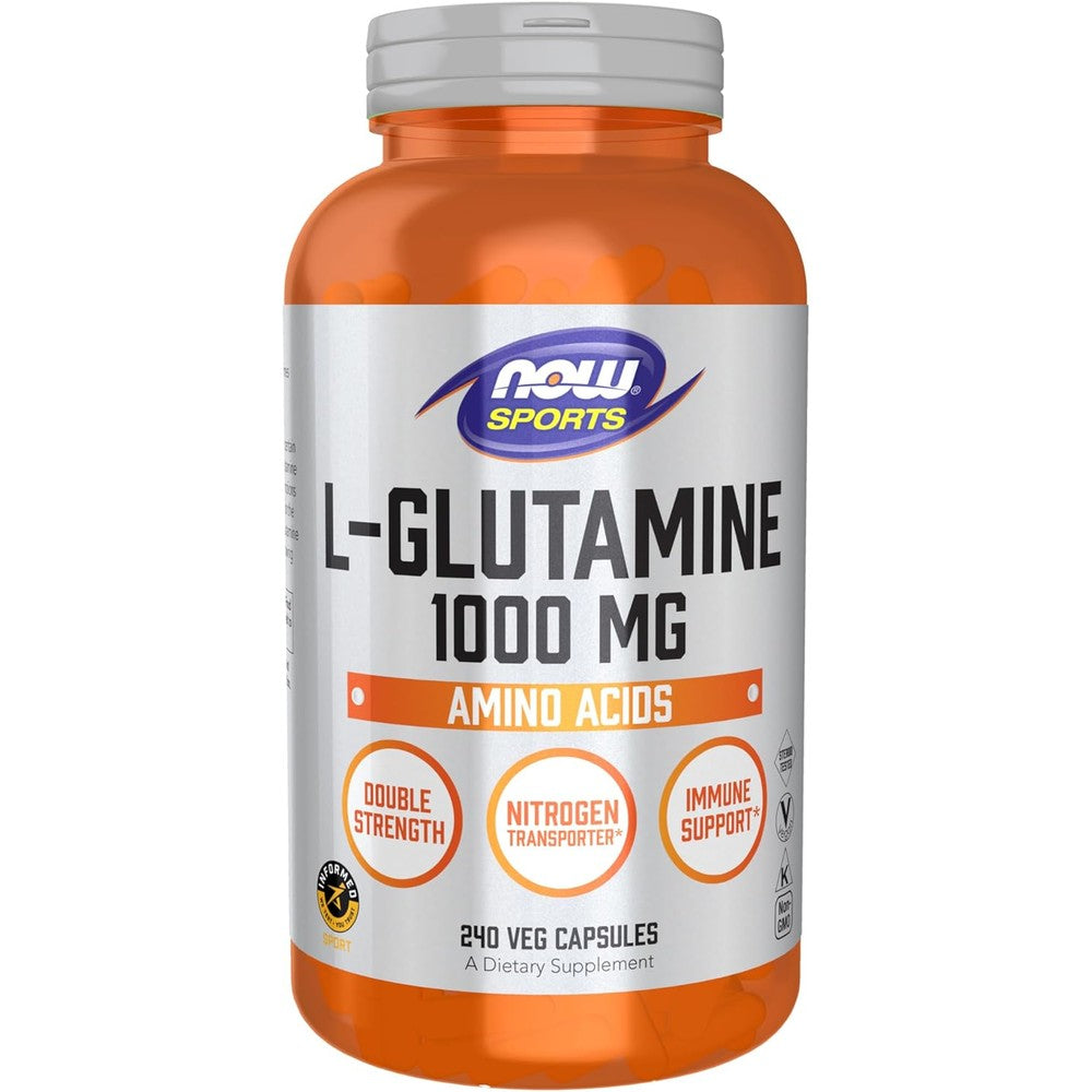 NOW Sports L-Glutamine Double Strength 1000mg front label view showing premium imported amino acid bottle