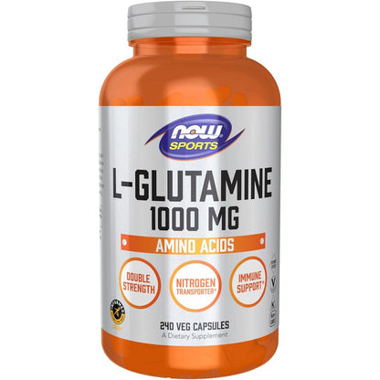 NOW Sports L-Glutamine Double Strength 1000mg front label view showing premium imported amino acid bottle