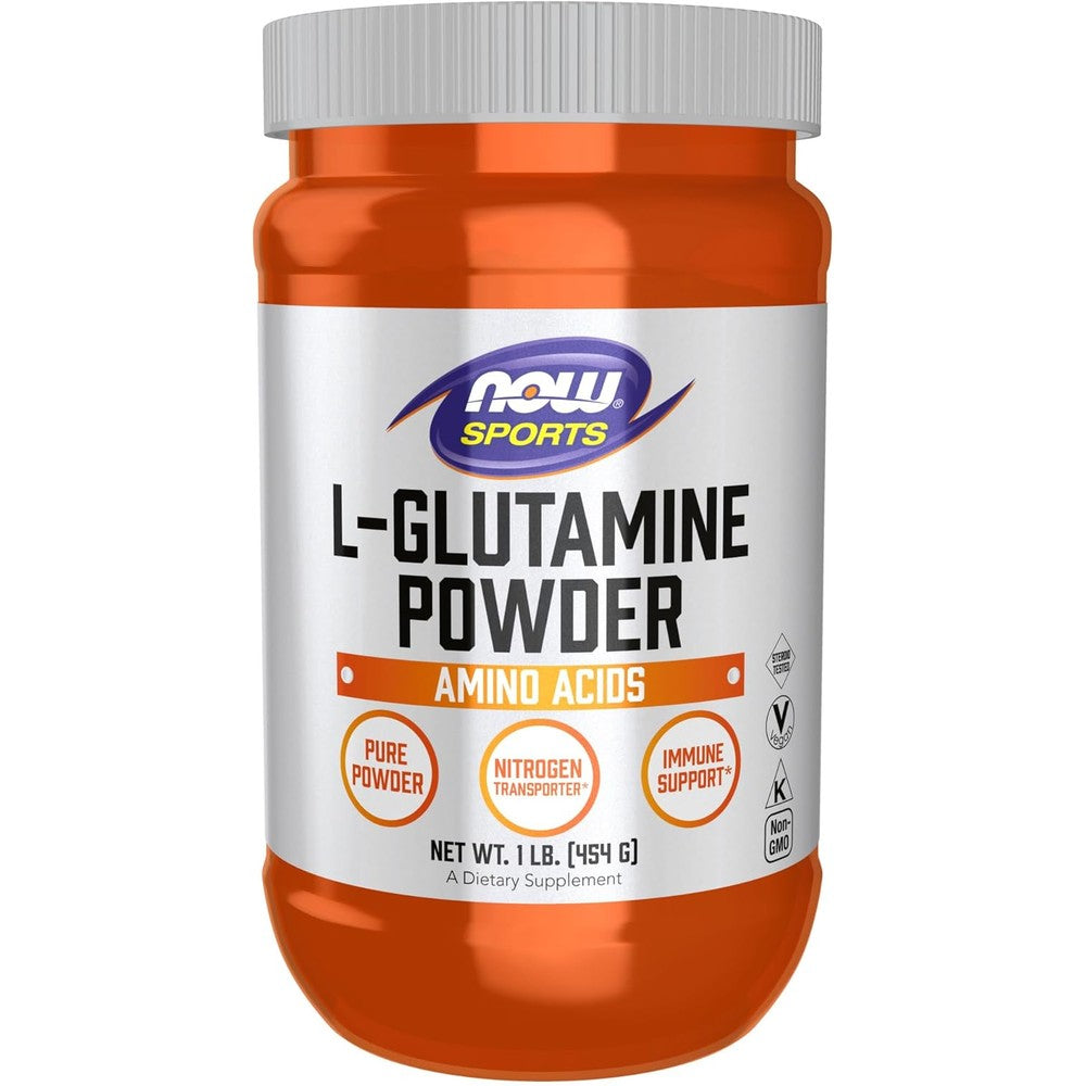NOW Foods Sports Nutrition L-Glutamine Pure Powder 1 Pound bottle front view showcasing the orange label and supplement facts.