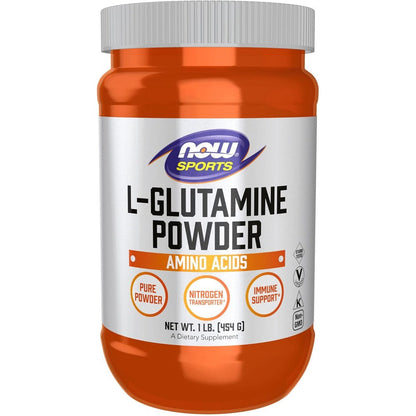 NOW Foods Sports Nutrition L-Glutamine Pure Powder 1 Pound bottle front view showcasing the orange label and supplement facts.