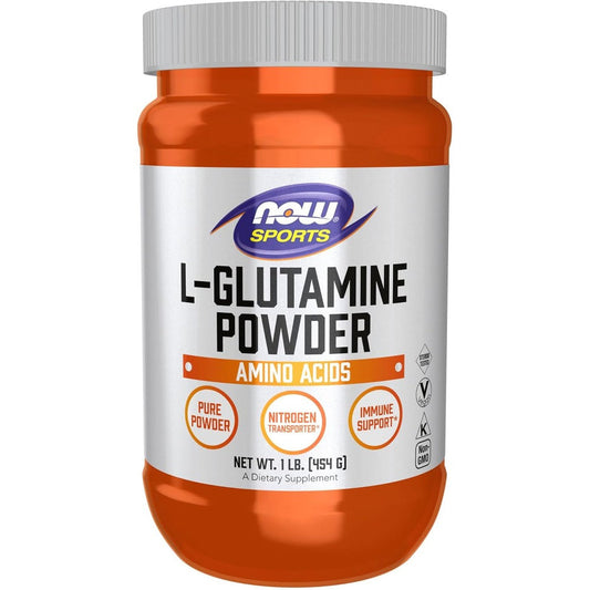 NOW Foods Sports Nutrition L-Glutamine Pure Powder 1 Pound bottle front view showcasing the orange label and supplement facts.
